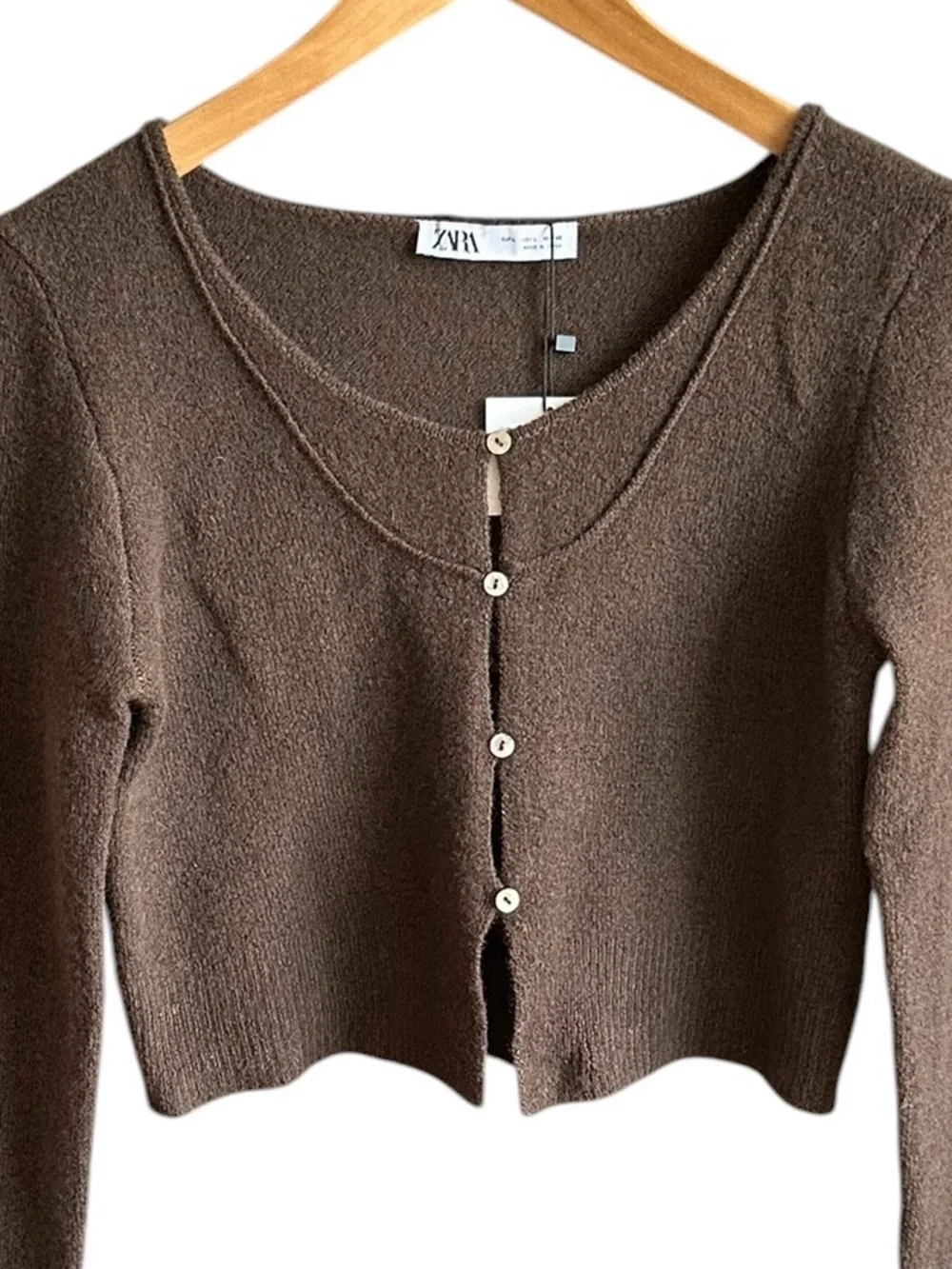 Zara NWT Wool Yak Blend Cropped Cardigan Size L Brown Thumbhole Sleeve